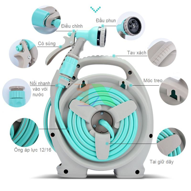 Bộ Rulo Kéo Dài Thu Ngắn Cuộn Dây Nước Vòi Tưới Cây Tự Động 12 mét. Ru lo thu quấn ống nước tự động - Thiết bị vệ sinh xịt rửa sân vườn