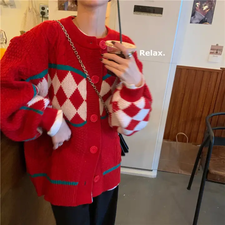 thick red cardigan