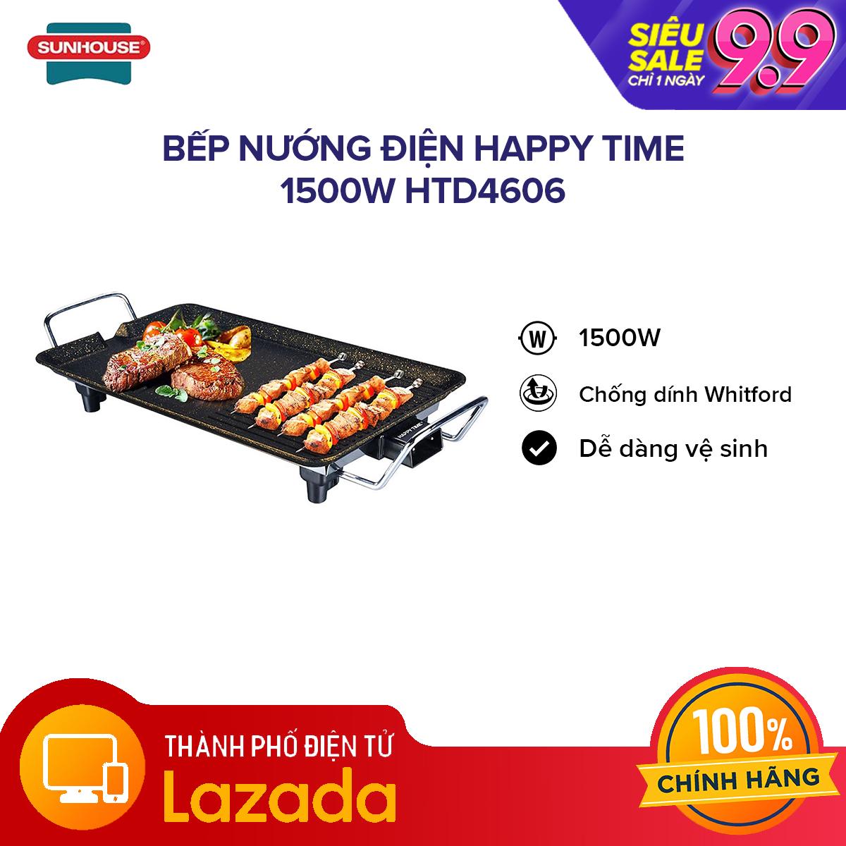 Giá Bếp nướng điện Happy Time 1500W HTD4606 -Mặt bếp được phủ 2 lớp chống dính Whitford (USA) siêu bền kháng khuẩn - Hãng phân phối chính thức