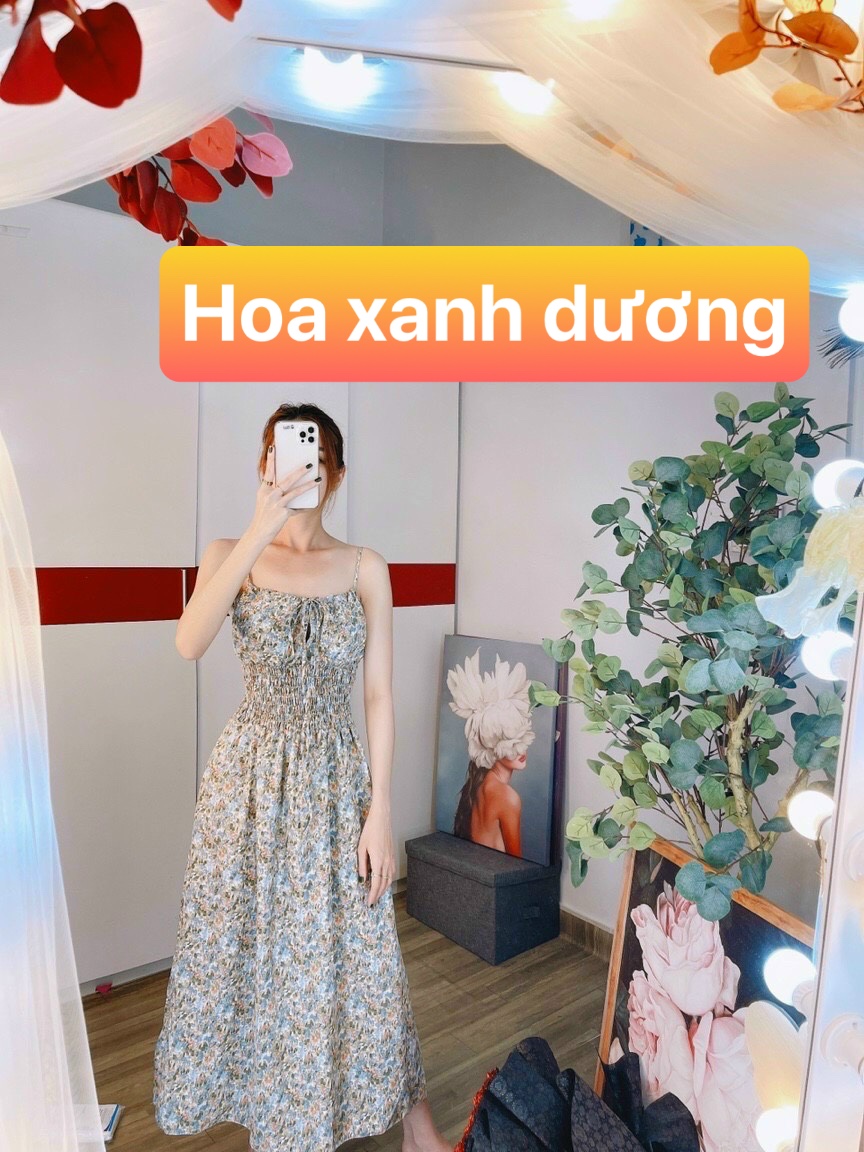 [HCM]Đầm maxi hai dây cột nơ bo eo hoa nhí siêu dễ thương - hình thật
