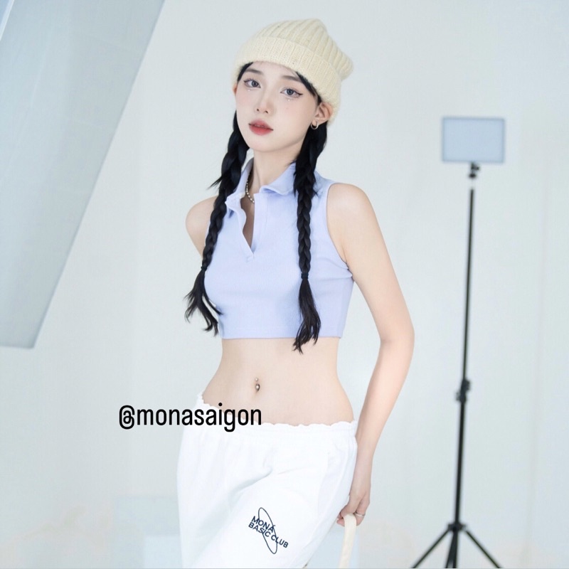 Áo croptop thun gân polo MONÁ - PERRY TÍM