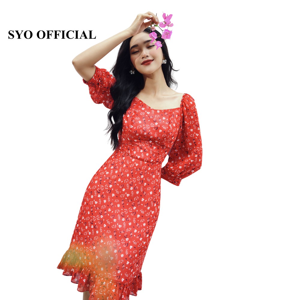 Váy Hoa Chiffon Cổ Tim Tay Lỡ D4002-21