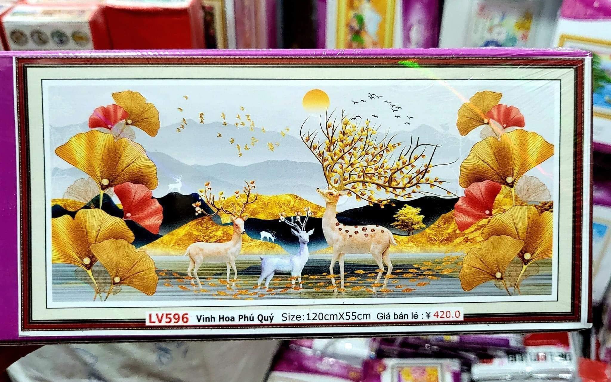 Tranh đính đá Hươu Tài Lộc Phú Quý - kích thước: 120x55cm, 150x70cm (tranh chưa đính đá)