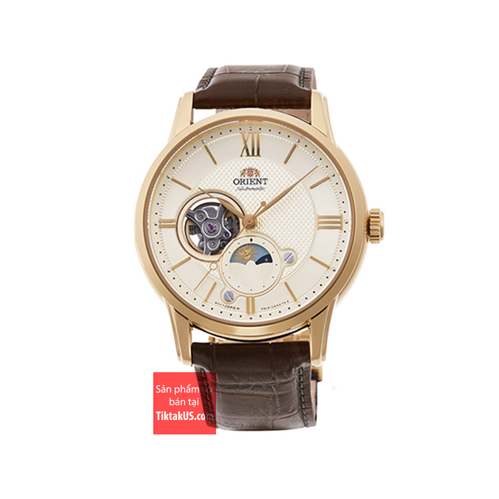 Đồng hồ đeo tay nam Orient Sun and Moon open heart RA-AS0010S10B dây da kính sapphire size 42mm chống nước 50m máy automatic