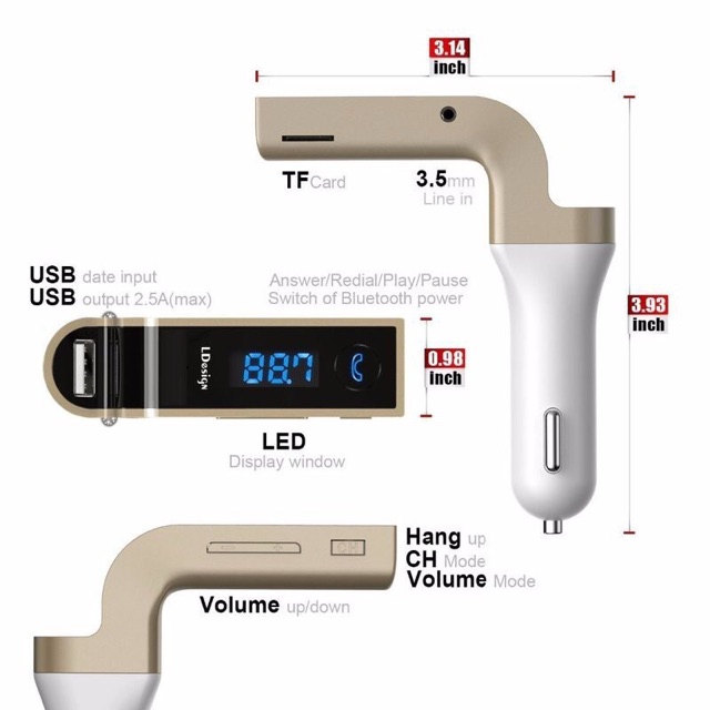 Tẩu sạc xe hơi CARG7 hỗ trợ bluetooth kết nối nghe nhạc MP3 1 cổng USB 1 cổng thẻ nhớ TF dùng được cho các dòng oto