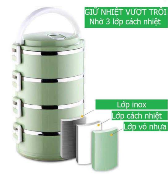 [HCM]Cặp lồng cà mên giữ nhiệt lúa mạch 4 tầng ruột inox 304