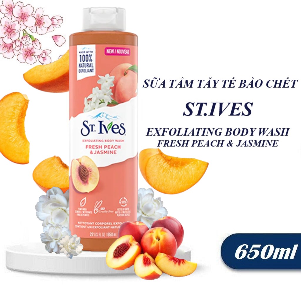 Sữa Tắm Tẩy Tế Bào Chết St. Ives Hương Nhài & Đào 650ml St. Ives Exfoliating Body Wash With Fresh Peach And Jasmine Sữa Tắm Chứa Vitamin Và Axit Ahas Sữa Tắm
