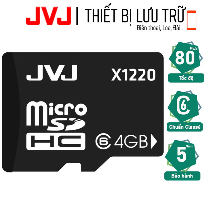 Thẻ nhớ 4G Class 6 JVJ microSDHC tốc độ cao  - thẻ nhớ chuyên dụng điện thoại, thẻ game, camera wifi, camera yoosee, camera hành trình, BH  5 năm,  Samsung, Oppo, Xiaomi, điện thoại android