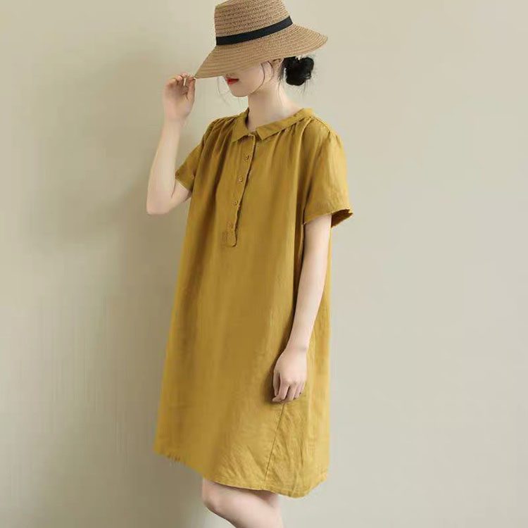 Đầm suông đũi cổ sen vuông form rộng trẻ trung, chất vải đũi mềm mát, thời trang phong cách Nhật Bản