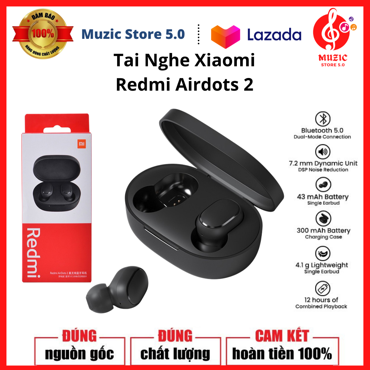 Tai nghe bluetooth xiaomi redmi airdots 2 bluetooth 5.0 _ tai nghe không dây tws tự động kết bluetooth 5.0 _ tai nghe bluetooth xiaomi redmi airdots 2 chất âm ấm, bass-treble rõ ràng, chống ồn chủ động _ bảo hành 12 tháng