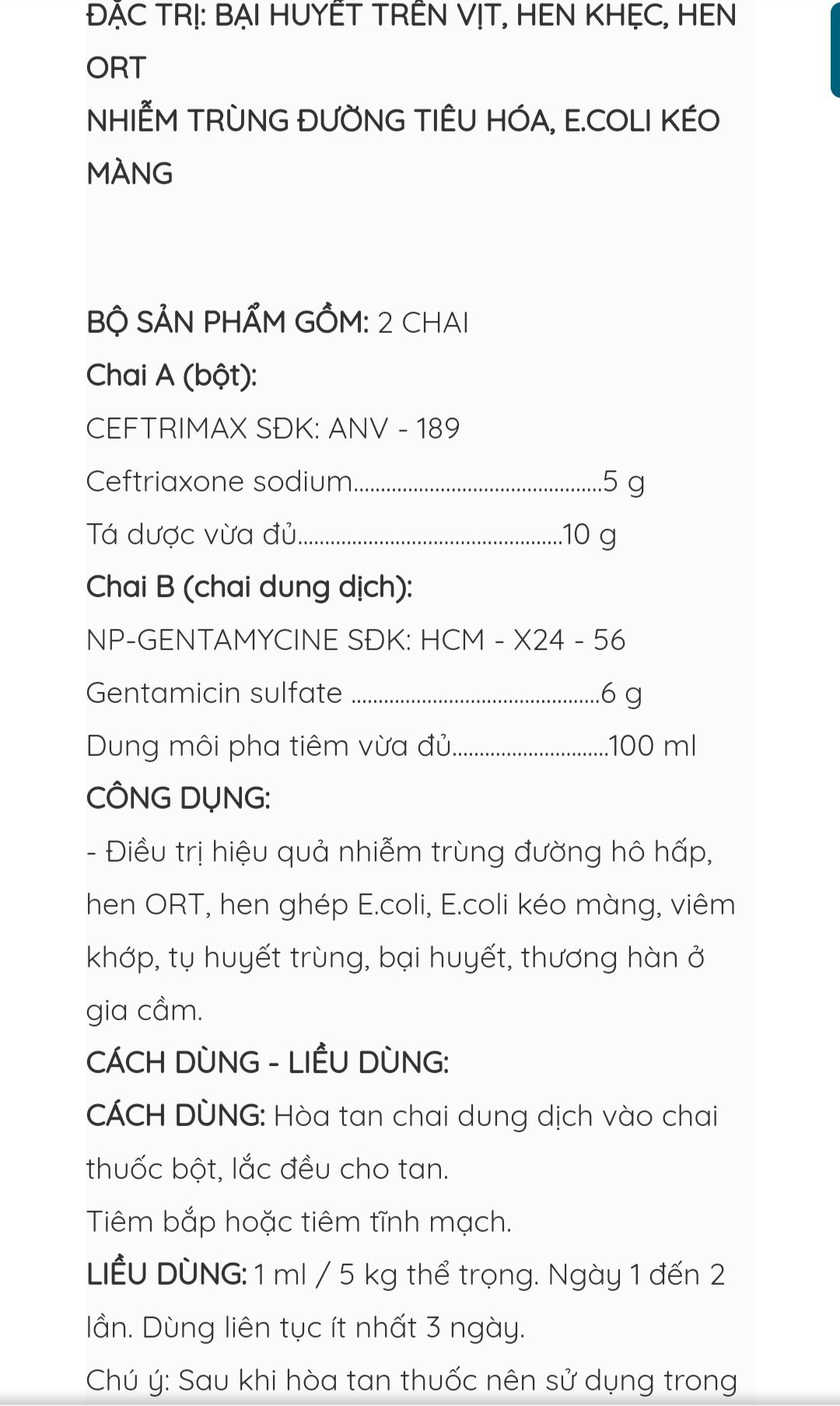 Cefogen Cặp pha tiêm ecoli bại huyết trên vịt
