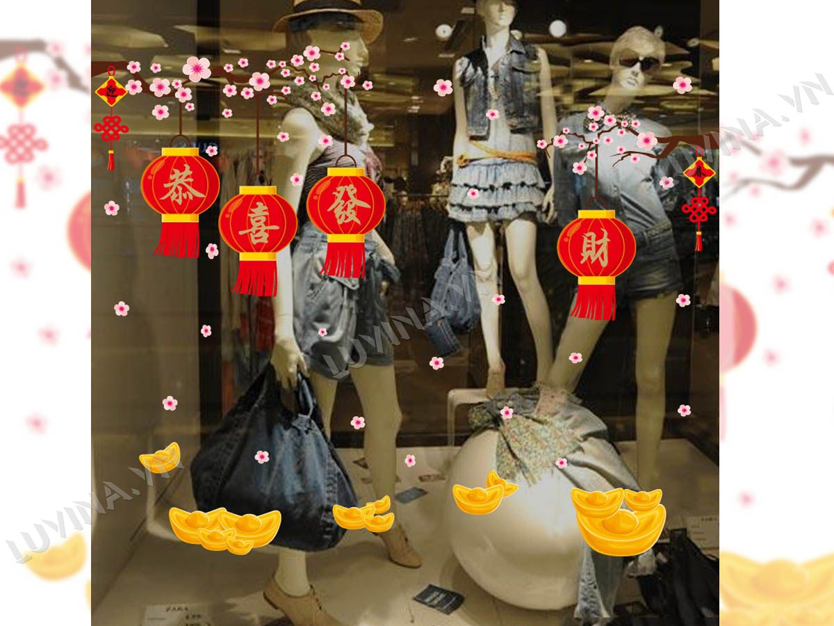 DECAL DÁN TƯỜNG TẾT CÀNH ĐÀO LỒNG ĐÈN ĐỎ 2