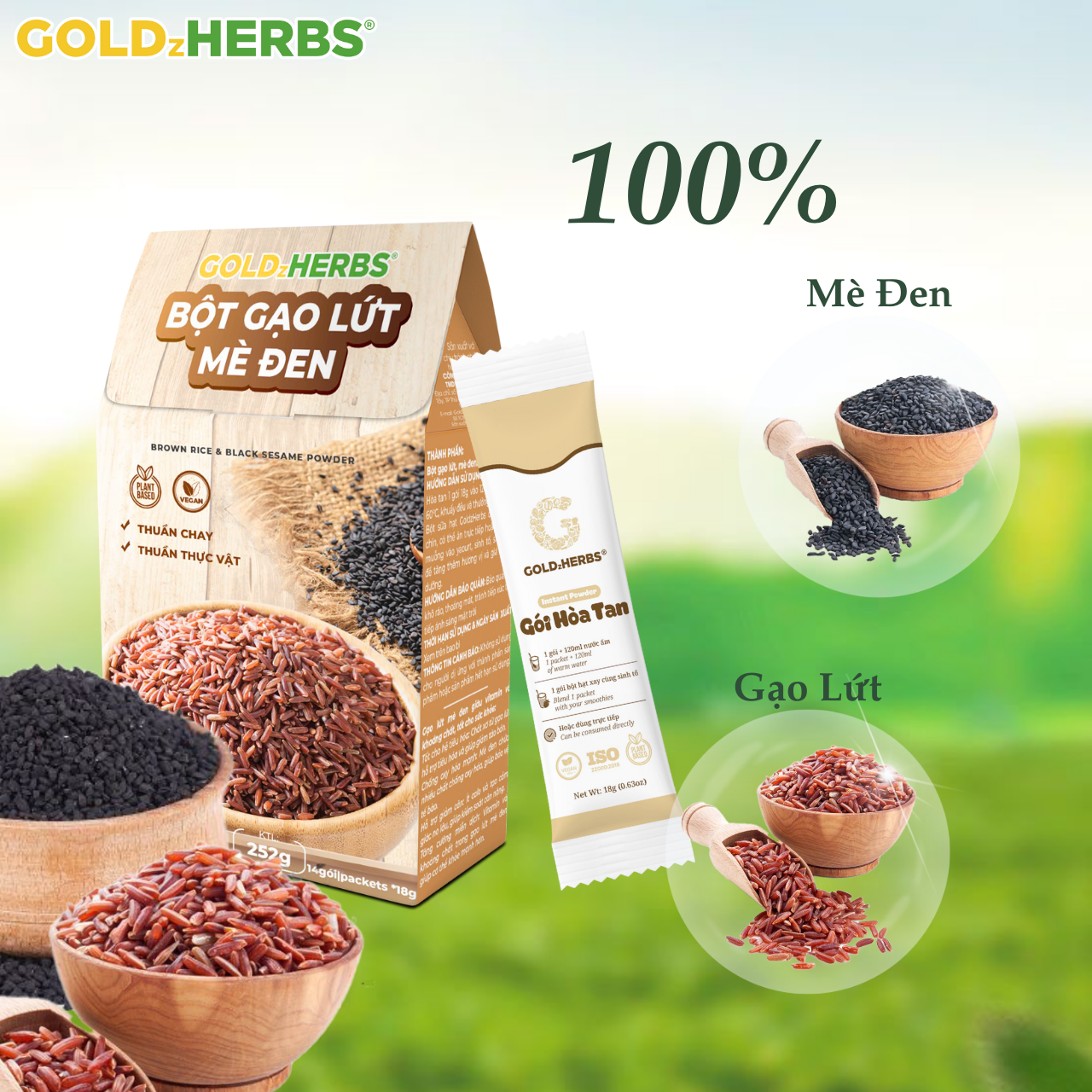 [Hàng cty] Bột gạo lứt mè đen GoldzHerbs – 14 gói/ 500g