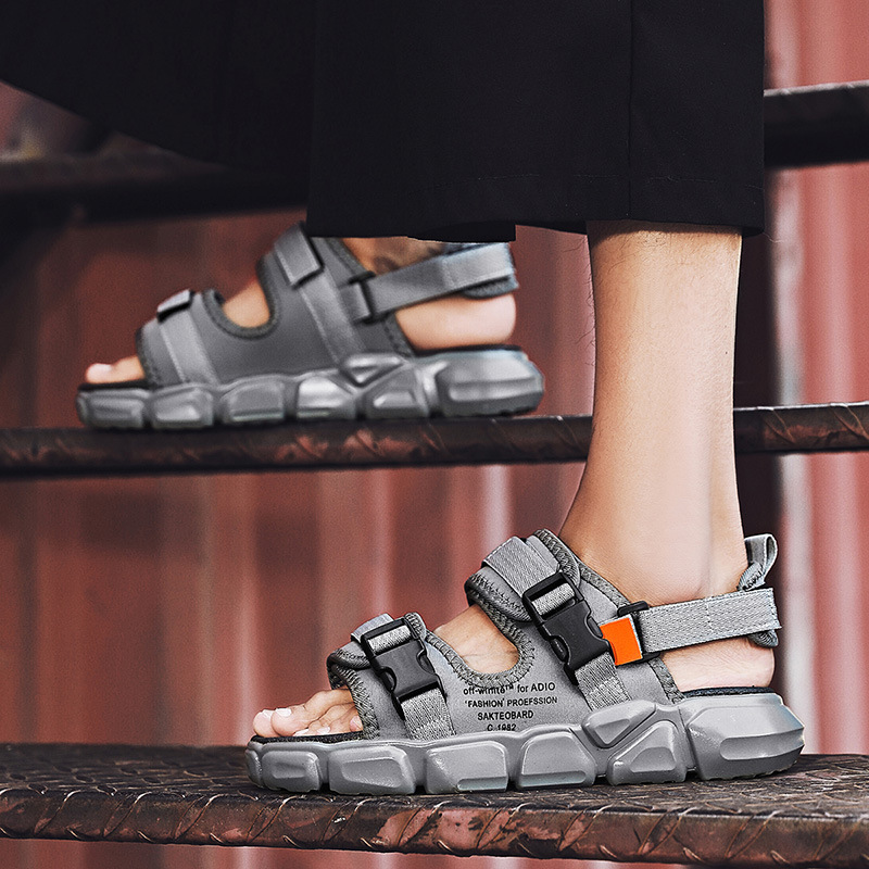 Dép nam đi biển 2 quai Velcro, dép co giãn có thể điều chỉnh, dép đế dày phẳng, dép thời trang mùa hè