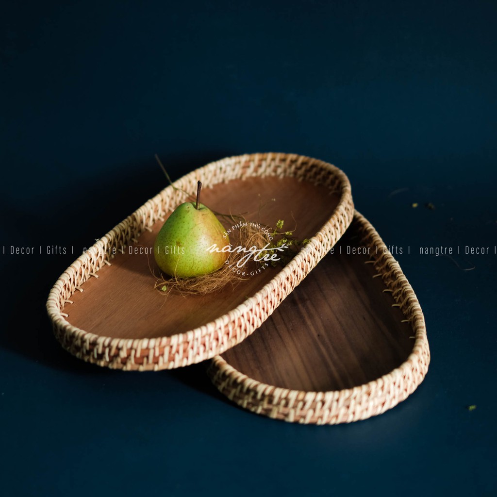 [HCM]Khay mây oval - Khay oval đế gỗ óc chó - Oval rattan tray