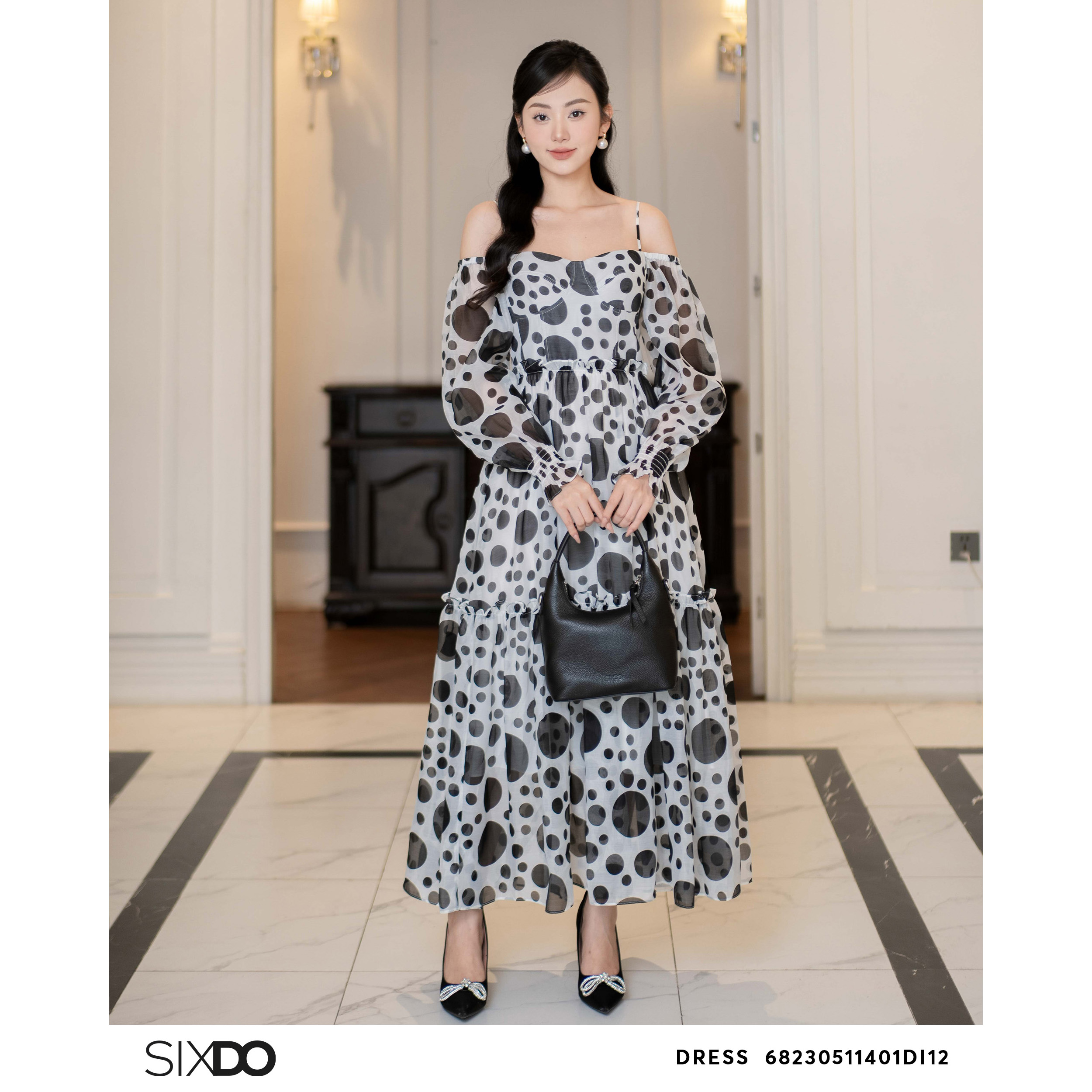 Đầm chấm bi trễ vai dài tay SIXDO (White Polka Dots Midi Dress)