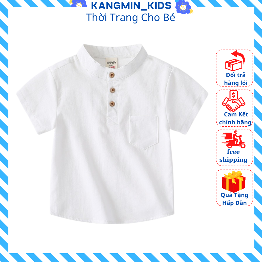 Áo sơ mi bé trai Kangmin kids, Áo cộc tay bé trai chất đũi xước cao cấp cổ trụ 1 túi cực mát cho bé từ 8-28kg ASM02