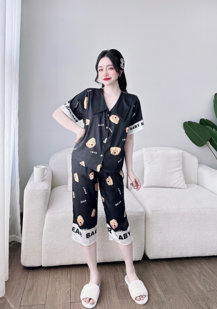 Bộ lụa tơ tằm xước mềm mịn phối cổ tiểu thư dễ thương