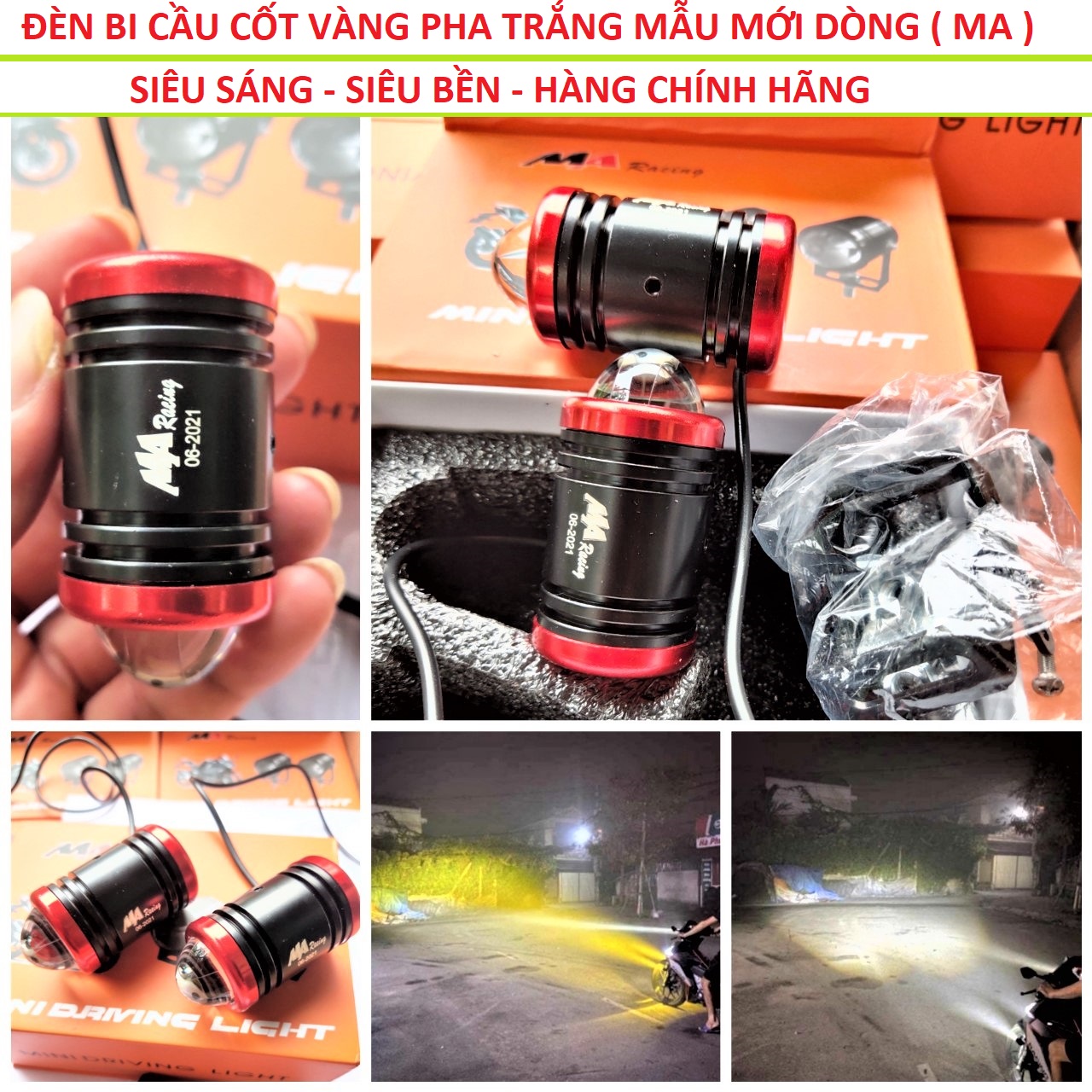 ĐÈN TRỢ SÁNG MINI XE MÁY 2 CHẾ ĐỘ CỐT VÀNG PHA TRẮNG VIỀN ĐỎ  SIÊU SÁNG