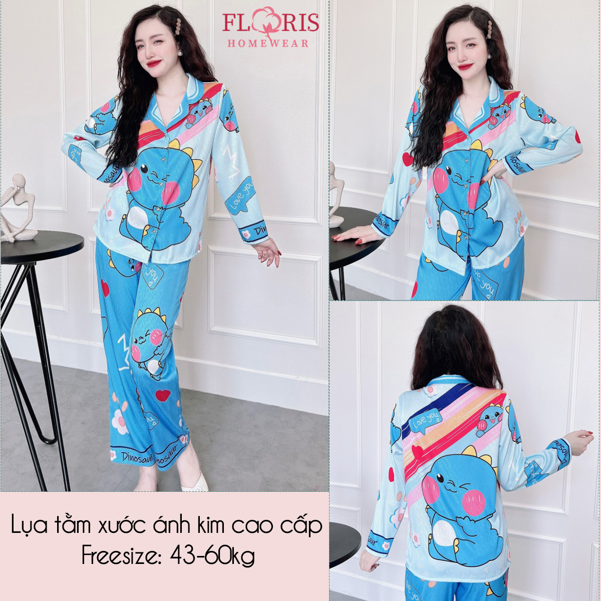 Đồ ngủ pijama mặc nhà lụa xước in hình 5D dễ thương