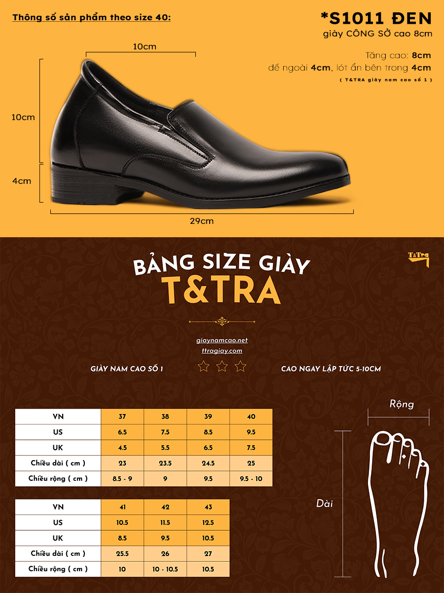 [ 8CM ] Giày Đế Cao Nam T&TRA S1011 Đen
