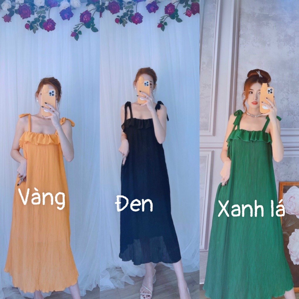 Đầm maxi hai dây cột nơ vai+  ảnh thật mẫu mặc