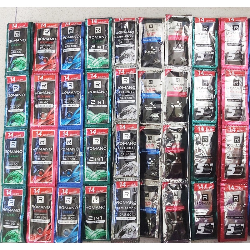 (Tặng 1 sữa tắm 60g) Set 50 gói dầu gội Romano 5g (Xanh lá - Xanh dương - Đỏ - đen - 5in1)