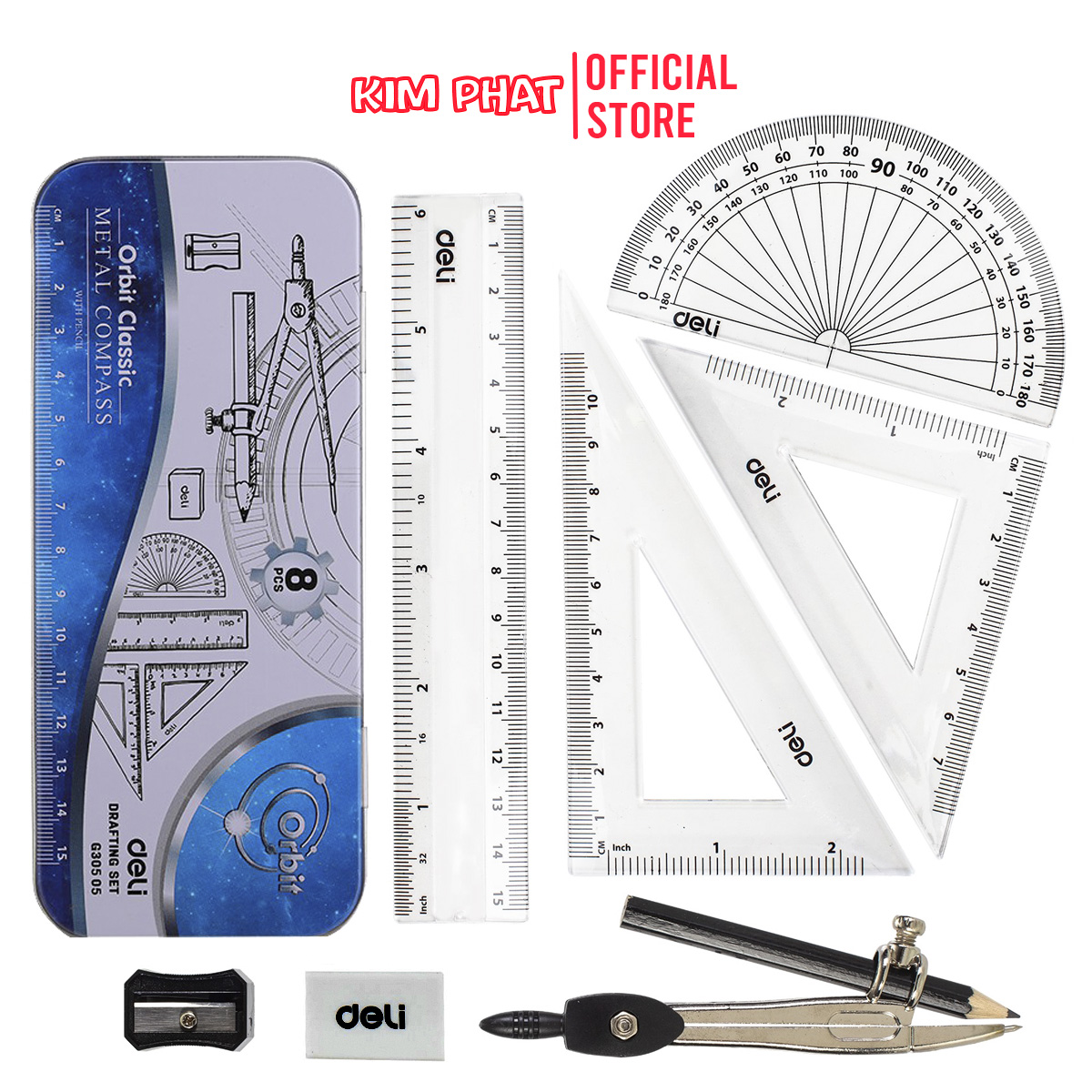 Bộ Compa Eke 8 đồ dùng học sinh hộp kim loại Deli EG30505