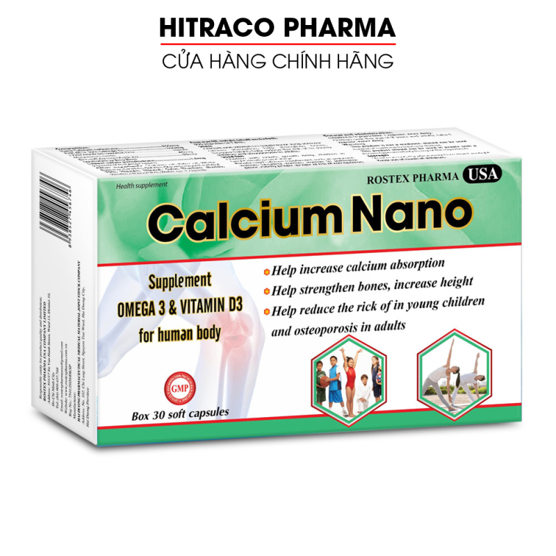 Viên uống bổ sung canxi chắc khỏe xương, phát triển chiều cao, giảm loãng xương Calcium Nano - Hộp 30 viên