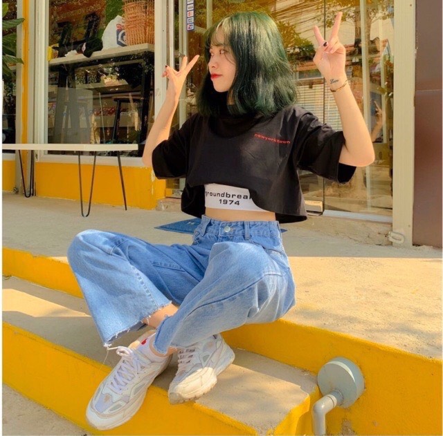 Set áo ba lỗ đen 1974 thun lụa kèm áo croptop