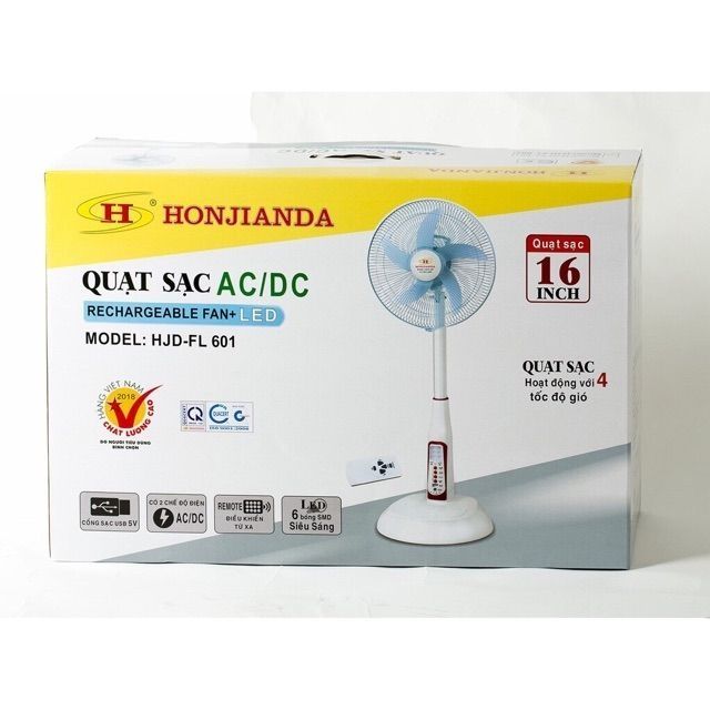 Quạt tích điện honjianda 416 cây 16inch 2 bình ac quy