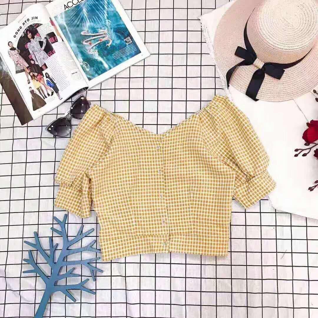 Áo Kiểu Sơmi Caro Croptop Tay Phồng Nữ Tính TTS0378