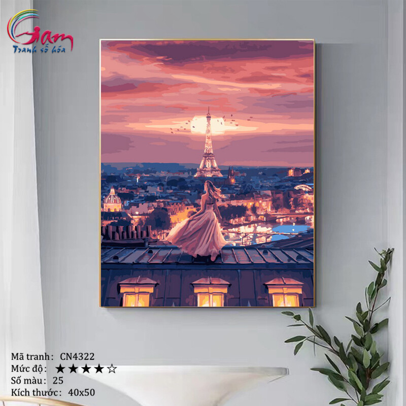 Tranh trang trí treo tường sơn dầu tự tô Gam cô gái bên tháp Eiffel CN4322