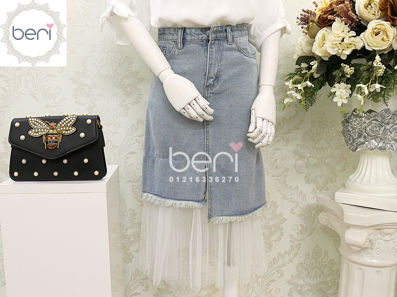 Chân váy Jean phối ren BERI (xanh) - CV019