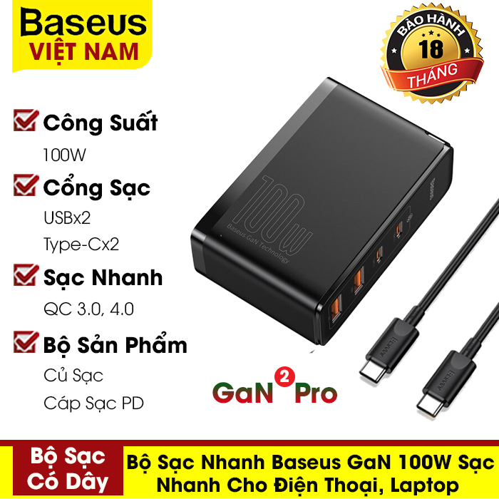 Bộ sạc nhanh Baseus GaN 2 Pro 100W giao diện cổng USB Type-C 2 cổng USB
