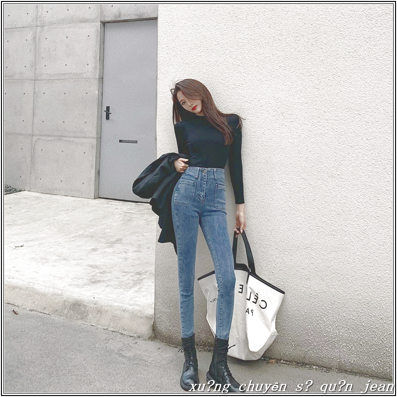 Quần jean nữ 1 CÚC + 2 TÚI KIỂU VUÔNG BẦU lưng cao qua rốn MS126-L31