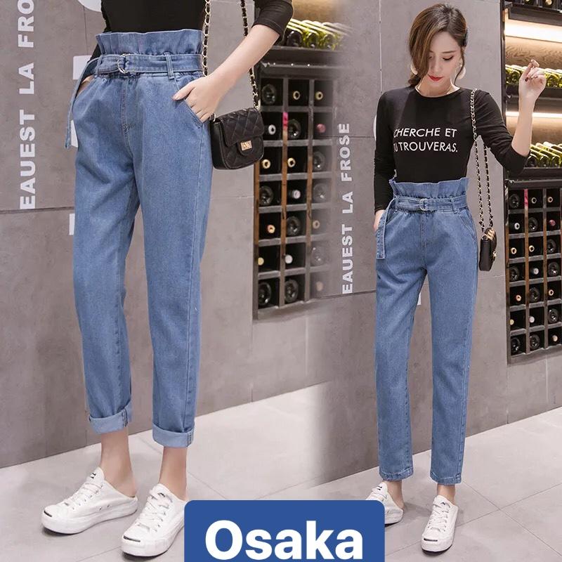 QUẦN JEAN BAGGY NỮ CHẤT BÒ XANH TRƠN THẮT NƠ LƯNG CAO NÂNG MÔNG HOT TREND SHINICHI OK-8822 OSAKA FASHION
