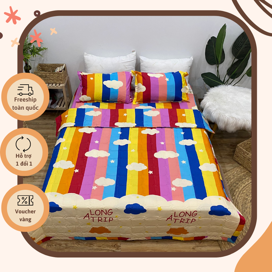 Bộ Chăn Ga Gối Hè Thu 5 Món Mẫu Kẻ Sọc Cầu Vồng CHM33 gồm: 1 chăn Hè, 1 ga bo chun, 2 vỏ gối nằm và TẶNG 1 vỏ gối ôm họa tiết RỰC RỠ, ĐẬM CHẤT HÈ, chất Cotton Poly không nhăn, không nhàu, thấm hút mồ hôi tốt