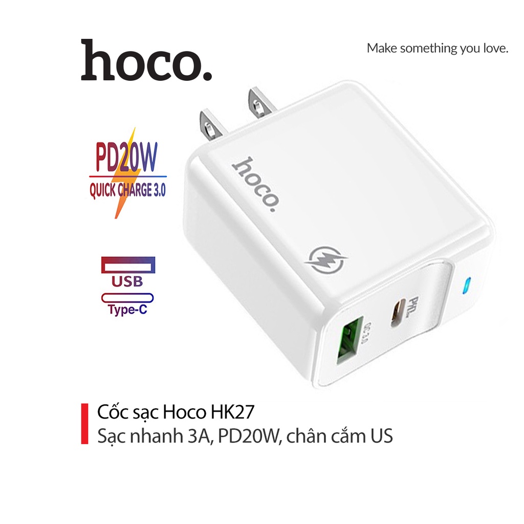 Củ sạc pd20w hoco hk27 chân dẹt cổng usb và type-c , qc3.0 chất liệu chống cháy cao cấp