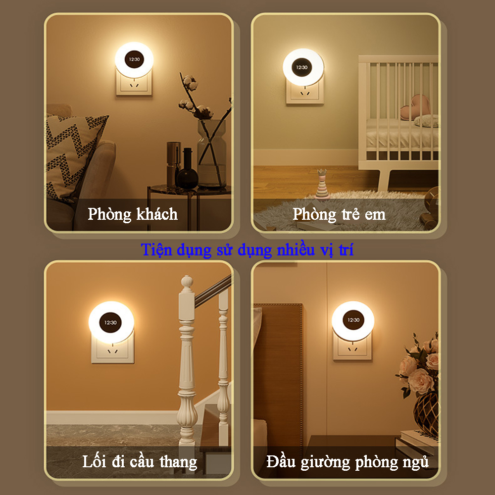 Đèn ngủ điều khiển từ xa hình tròn tích hợp đồng hồ xem giờ ánh sáng 3 màu, điều chỉnh tăng giảm độ sáng 10 cấp độ