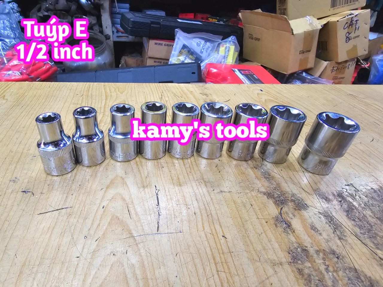 Bộ tuýp e 9 cục thép lỗ 1/2 inch chrome vanadium e10-e24 bộ khẩu e đầu khẩu e