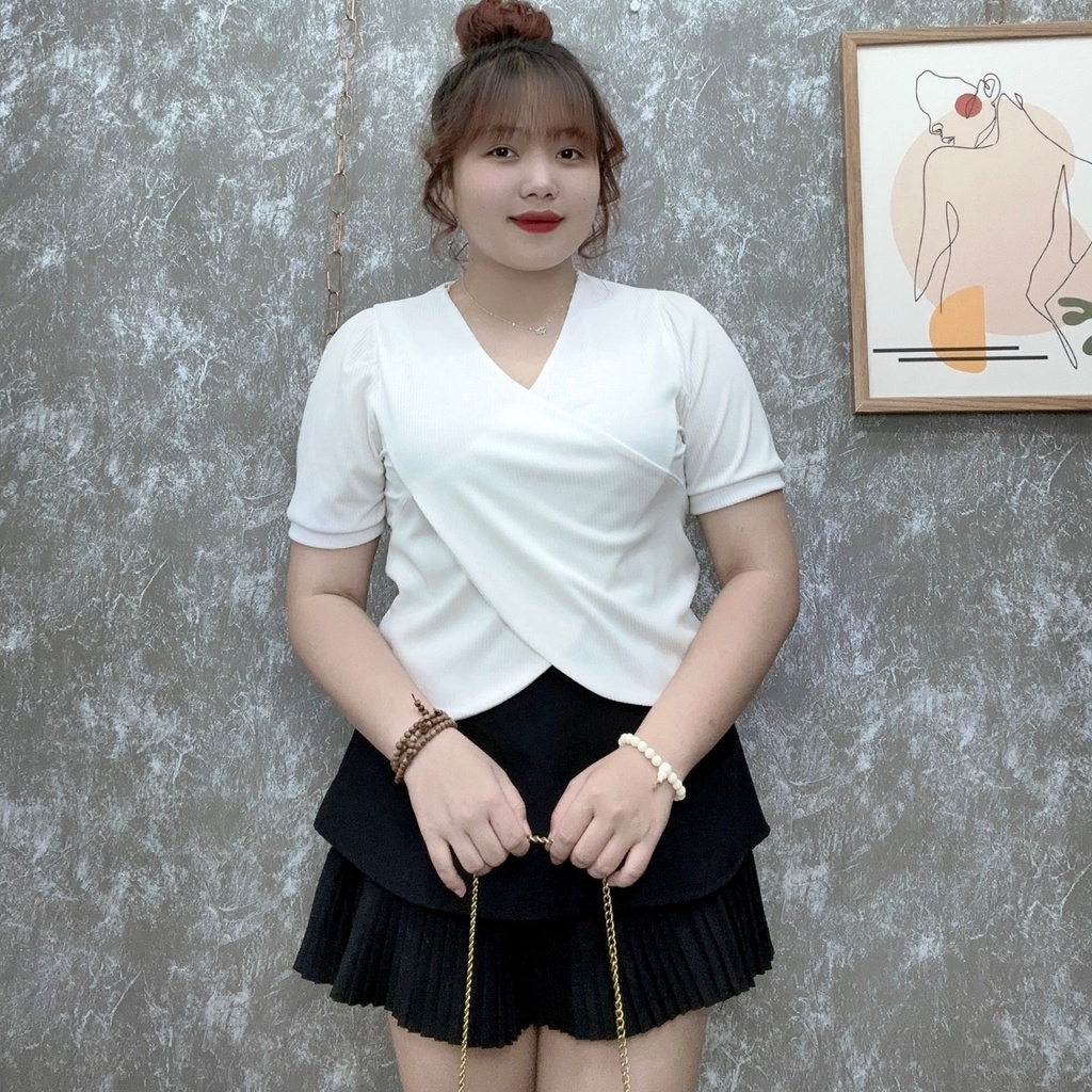 Áo thun tay ngắn bigsize thiết kế đắp chéo hottrend Áo phông chất gân tăm co giãn phom rộng 60-95kg G36
