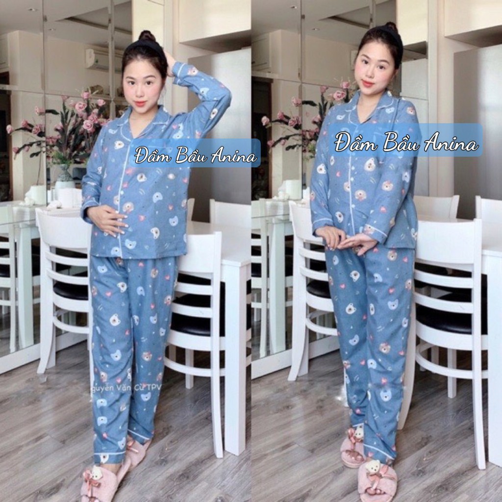 Đồ bộ bầu Pijama mặc bầu và sau sinh có khóa cho con ti Dài Tay chất kate thái BPJM930