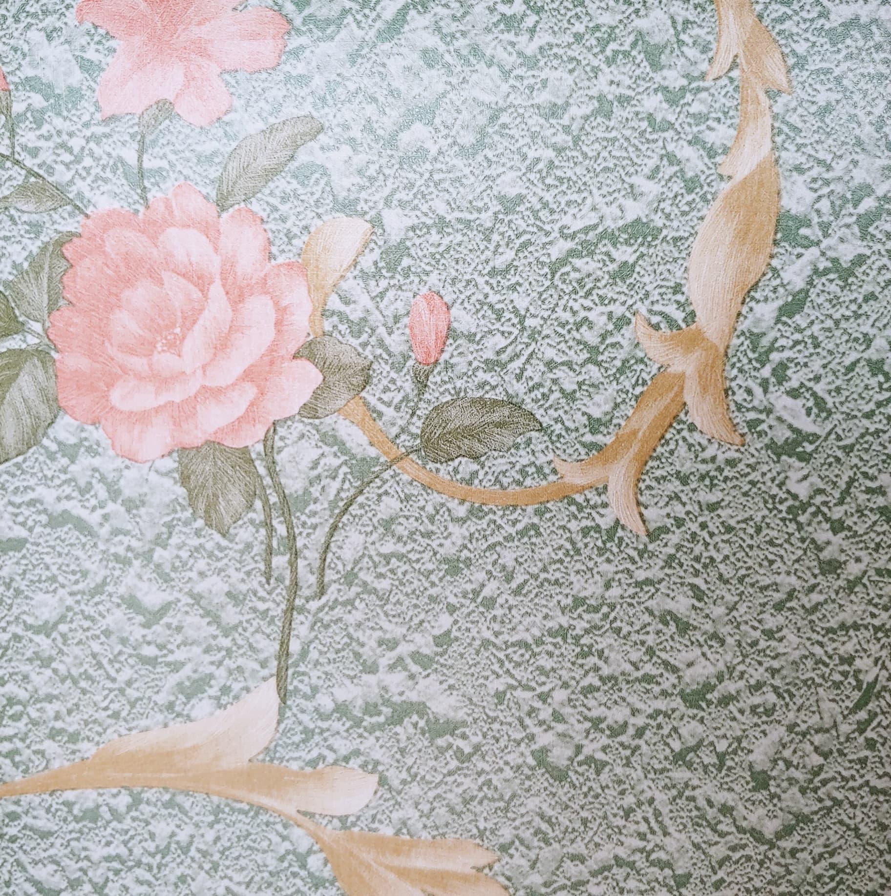 Giấy dán tường hoa hông nền xanh ( cuộn 10m khổ rộng 45cm, có sẵn keo )