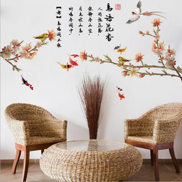 Decal trang trí Phong cảnh Hoa Chim Cá Chữ tuyệt sắc