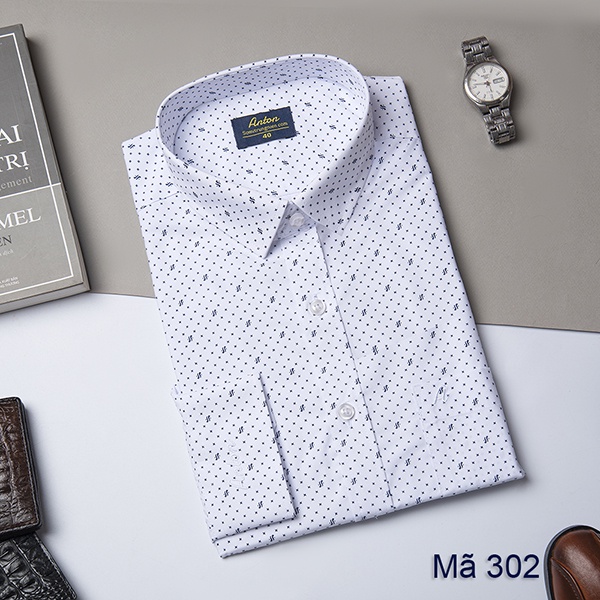 Áo Sơ Mi Nam Công Sở Trung Niên Thương Hiệu Anton Dài Tay Trắng Vải Cotton Họa Tiết Chấm Bi Nhỏ - X302
