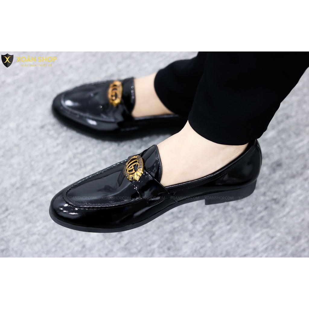 Giày da nam cao cấp-chất liệu da pu 100%-có đai gc màu vàng- đế cao su đúc bền bỉ-mã g019-màu đen da bóng