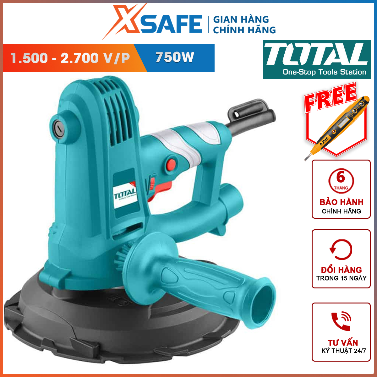 Machine scrub powder smooth wall Total TDWS7501 | machine scrub smooth wall capacity: 750W attached 5 pieces sanding, 2 ống bowel chicken and 1 dust bag, used for polishing the surface of the wall before painting