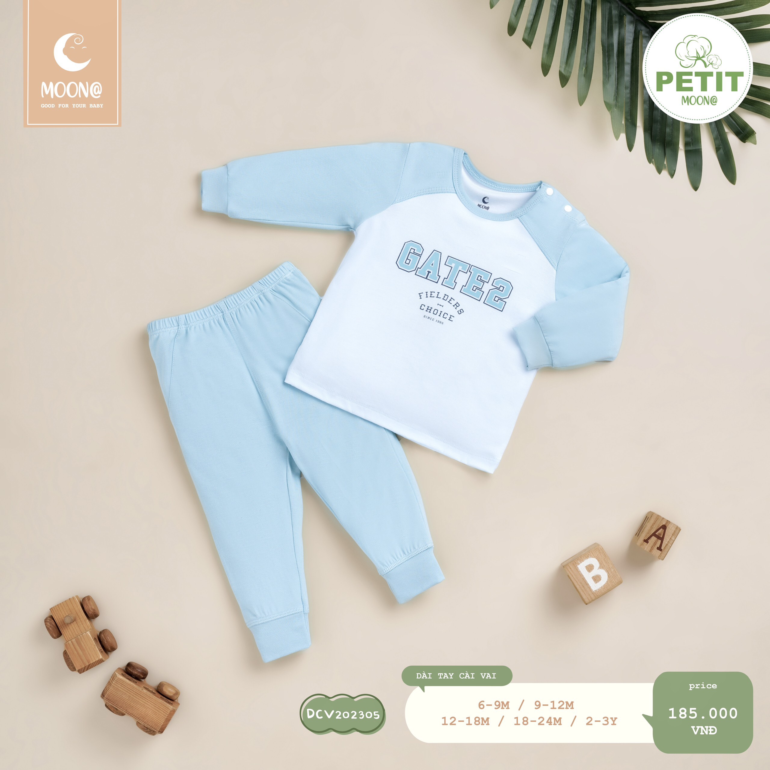Bộ dài tay cài vai trẻ em chất liệu petit mềm mại in chữ Moon
