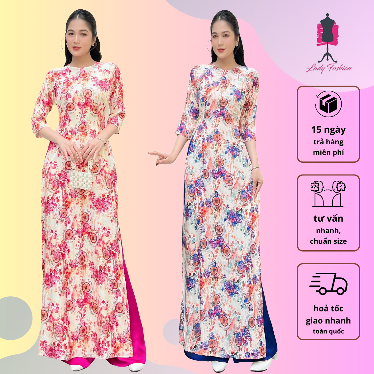 Áo dài gấm Vân Gỗ in họa tiết hoa gió nhẹ nhàng dành cho phái nữ AD019
